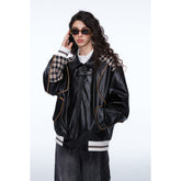 Unisex Jacket Retro Patchwork Plaid Motorcycle Jacket PU Leather Jacket